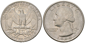 США 25 центов = квотер = 1/4 доллара 1990 P, Джордж Вашингтон KM 164a медь плакированная медно-никелем 216-722