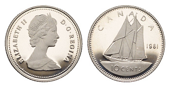 Канада 10 центов 1981 Елизавета II (1952-2022), парусник KM 77 никель PROOF 413-3614