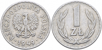 ПОЛЬША 1 ЗЛОТЫЙ 1949 KM 45а алюминий 175-1136