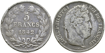 Франция 5 франков 1842 B, Луи Филипп I (1830-1848) KM 749.2 серебро 1066-7-55