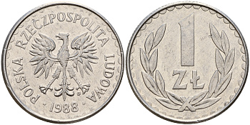 Польша 1 злотый 1988 MW KM 49.2 алюминий    4161-1036