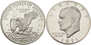 США 1 доллар 1971 S, Президент Эйзенхауэр, лунный орел KM 203a серебро  PROOF 1095-7-21