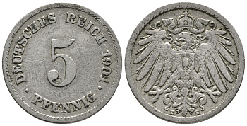 ГЕРМАНИЯ 5 ПФЕННИГОВ 1901 E KM 11, J. 12 медно-никель 39-753