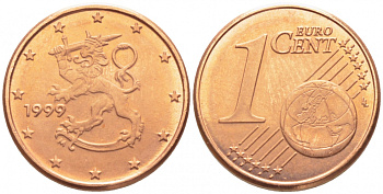 Финляндия 1 евроцент 1999 KM 98 сталь плакированная медью UNC 116-734