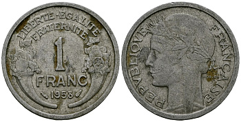 Франция 1 франк 1958 Тип Morlon KM 885a алюминий 4135-746