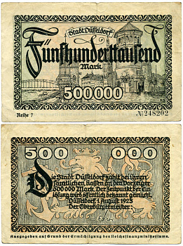 ДЮССЕЛЬДОРФ 500000 МАРОК 1923 1 АВГУСТА 1923, НОТГЕЛЬД, REICHE 7 бумага 7147-25-2