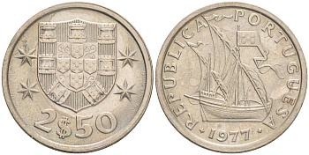 ПОРТУГАЛИЯ 2,5 ЭСКУДО 1977 ПАРУСНИК KM 590 медно-никель 192-812