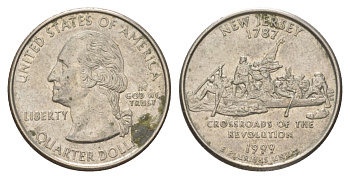 США 25 центов (квотер, 1/4 доллара) 1999 Квотер штата Нью-Джерси KM 295 медь плакированный медно-никелем 4628-1115