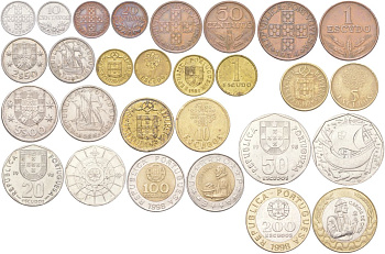 Португалия набор из 14 монет (10, 20 и 50 сентаво; 1, 2,5, 5, 10, 20, 50, 100 и 200 эскудо) 1972, 1974, 1978, 1983, 1984, 1986, 1989, 1996 и 1998 KM 590, 591, 594, 595, 596, 597, 614, 631, 632, 633, 634, 636, 645 и 655 4612-643-657