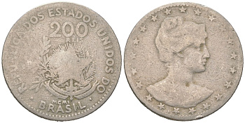 Бразилия 200 реалов 1901 MCMI, голова свободы вправо KM 504 медно-никель 4612-136