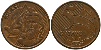 Бразилия 5 сентаво 2007 KM 648, Schon 156 сталь плакированная медью 4523-1125