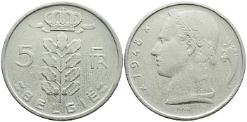БЕЛЬГИЯ 5 ФРАНКОВ 1948 BELGIE KM 135.1 медно-никель 3999-645