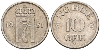 Норвегия 10 эре 1951 Хокон VII (1905-1957) KM 396 медно-никель 4564-822