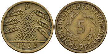 Германия 5 рейхспфеннигов 1930 A J.316, KM 39 алюминиевая бронза    4598-1165