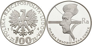 Польша 100 злотых 1974 MW, 40 лет со дня смерти Марии Склодовской-Кюри (1867-1934) KM 71, Parchimowicz 270 серебро PROOF 1097-1-31
