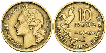 Франция 10 франков 1952 B, петух KM 915.2, Le Franc 363.5 алюминиевая бронза 4591-1111