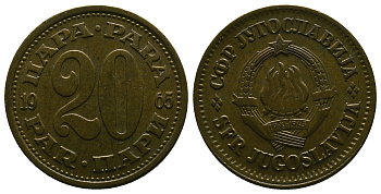 ЮГОСЛАВИЯ 20 ПАРА 1965 СОЦИАЛИСТИЧЕСКАЯ ФЕДЕРАТИВНАЯ РЕСПУБЛИКА KM 45 медь цинк 4384-1212