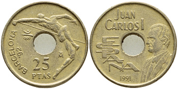 Испания 25 песет 1991 Олимпийские игры в Барселоне 1992 года, прыжки в высоту, Хуан Карлос I (1975-2014) KM 851 никель бронза 4397-614