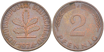 ФРГ 2 ПФЕННИГА 1974 J KM 106а, J. 381а сталь плакированная сталь плакированная медьюю 4181-812