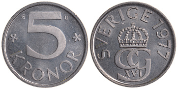 Швеция 5 крон 1977 U Карл XVI Густав (1973- ) KM 853 медно-никель UNC 59-236