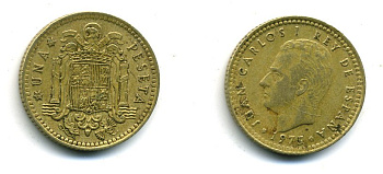 ИСПАНИЯ 1 ПЕСЕТА 1975 (77) ХУАН КАРЛОС I (1975-) КМ 806 алюминиевая бронза 4364-654