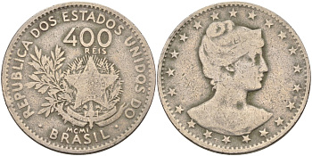 Бразилия 400 рейс 1901 голова свободы вправо KM 505 медно-никель 4367-144