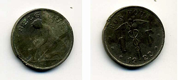 БЕЛЬГИЯ 1 ФРАНК 1922 BELGIQUE KM 89 46-1947
