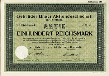 Германия 100 рейхсмарок 1928 АО Братья Унгер, производство специализированного оборудования для мясокомбинатов, колбасных и консервных заводов, Хемниц, акция   бумага  8804-86-1