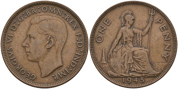 Великобритания 1 пенни 1945 Георг VI (1936-1952) KM 845, Spink 4114 бронза 4117-1232