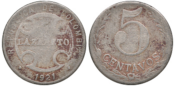 Колумбия 5 сентаво 1921 государственный лепрозорий KM L11 медно-никель 53-1031