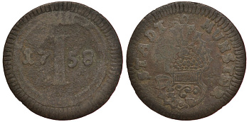 Мюнстер 1 пфенниг 1758 KM 335, Peus 60, Weingrtner 231 медь 4127-1243