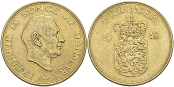 Дания 2 кроны 1958 C; S, Фредерик IX (1947-1972) KM 837.2 алюминиевая бронза 4512-933