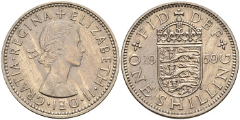 Великобритания 1 шиллинг 1959 Елизавета II (1952-2022), Английский герб KM 904, Spink 4147 медно-никель 4153-916