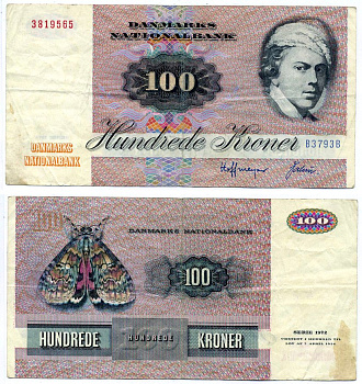 Дания 100 крон 1981-1985 серия В3 Pick 51d бумага 8603-34-3-2