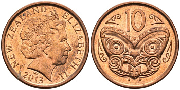 Новая Зеландия 10 центов 2013 маска Маори, Елизавета II (1952-) KM 117а сталь плакированная медью 106-927