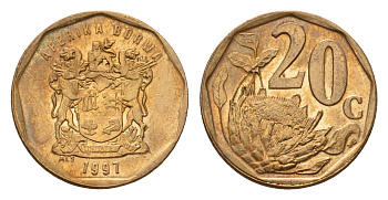 ЮАР 20 центов 1997 KM 162 сталь плакированная латунью UNC 4643-568
