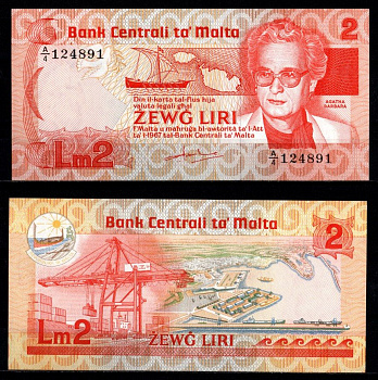 Мальта 2 лиры 1967 (1986) Агата Барбара, финикийский парусный корабль Pick 37 бумага UNC (пресс) 451-1230-3