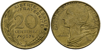 Франция 20 сантимов 1967 тип Marianne KM 930 медь алюминий никель 4135-556
