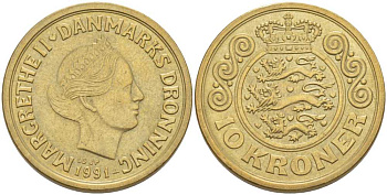 ДАНИЯ 10 КРОН 1991 LG; JP; A, МАРГРЕТЕ II (1972-) KM 867.2 алюминиевая бронза 202-843