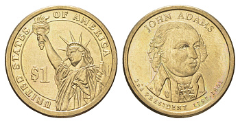 США 1 доллар 2007 P, Президент США - Джон Адамс (1797-1801) KM 402 медь с марганцево-латунным покрытием UNC 4629-234