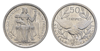 Французская Новая Каледония 50 сантимов 1949 птица кагу, заморские территории KM 1 алюминий  aUNC  4640-864