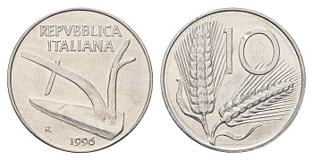 Италия 10 лир 1996 R, плуг, колосья KM 93 алюминий UNC 4631-454
