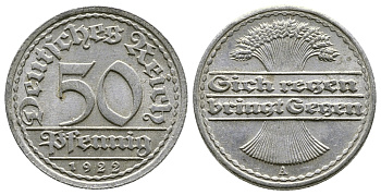 ГЕРМАНИЯ 50 ПФЕННИГОВ 1922 A KM 27, J. 301, Weege 10 алюминий 4380-911