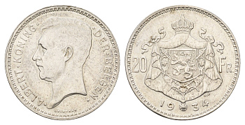 Бельгия 20 франков 1934 Der Belgen, Альберт I (1909-1934) KM 104 серебро 4675-813