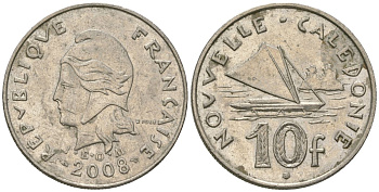 Французская Новая Каледония 10 франков 2008 рыбачья парусная лодка, (IEOM) KM 11a, Schoen 13a, Lec 99k медно-никель 60-531