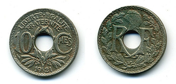 Франция 10 сантимов 1921 тип Линдайё KM 866a, Le Franc 138.3 медно-никель 84-331