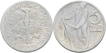 Польша 5 злотых 1959 MW, рыбак KM 47 алюминий 4542-945
