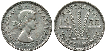 Австралия 3 пенса 1955 m, Елизавета II (1952-2022) KM 57 серебро 71-424