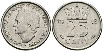 Нидерланды 25 центов 1948 Вильгельмина (1890-1948) KM 178 никель 96-115