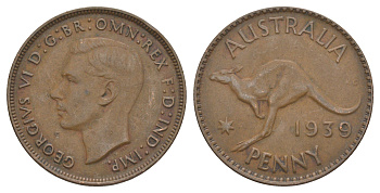 Австралия 1 пенни 1939 Георг VI (1936-1952), кенгуру KM 36 бронза 88-1036